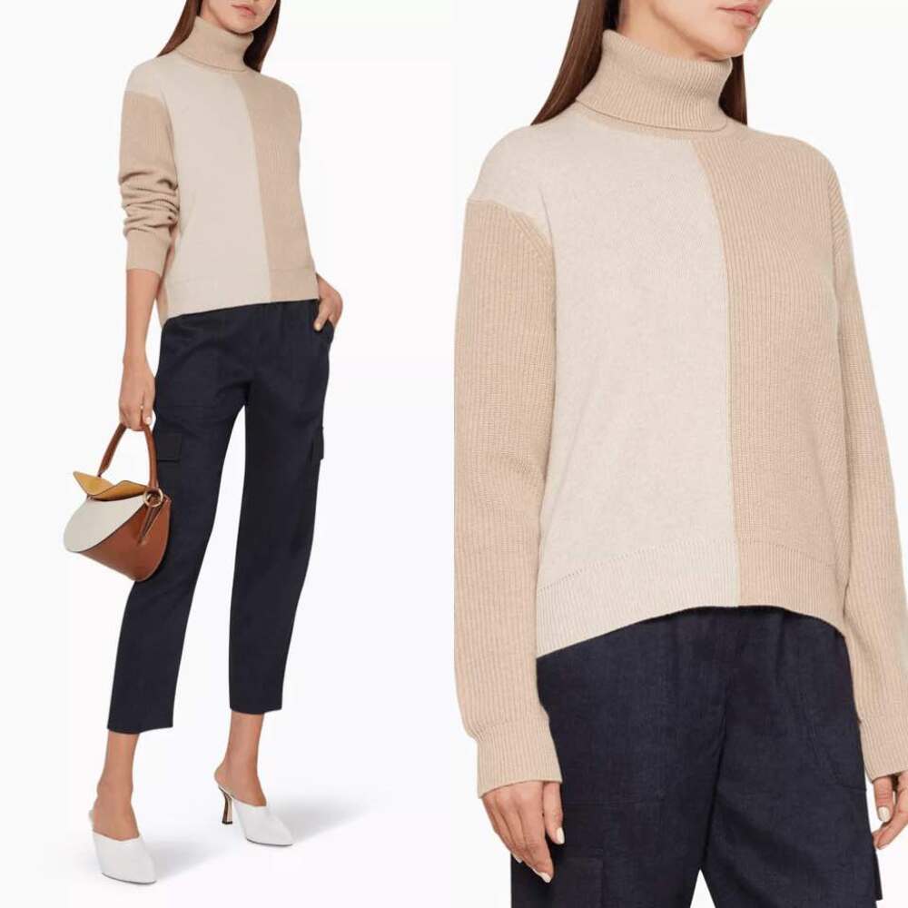 Theory Pale Camel Colorblock Cashmere Turtleneck Sweater $495 Size M Medium